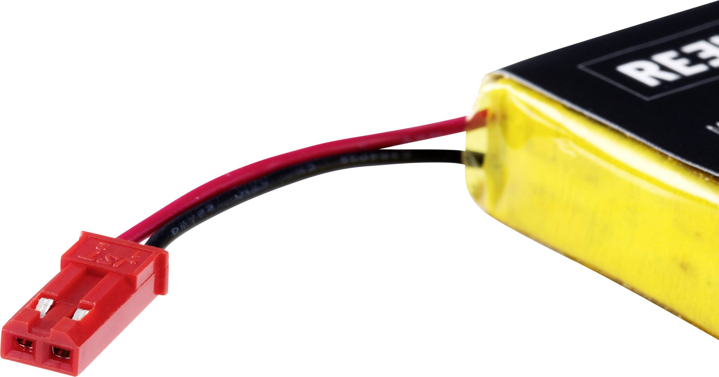 Batterie jaune en lithium-polymère avec deux câbles de connexion, l'un noir et l'autre rouge, se terminant par un connecteur rouge.