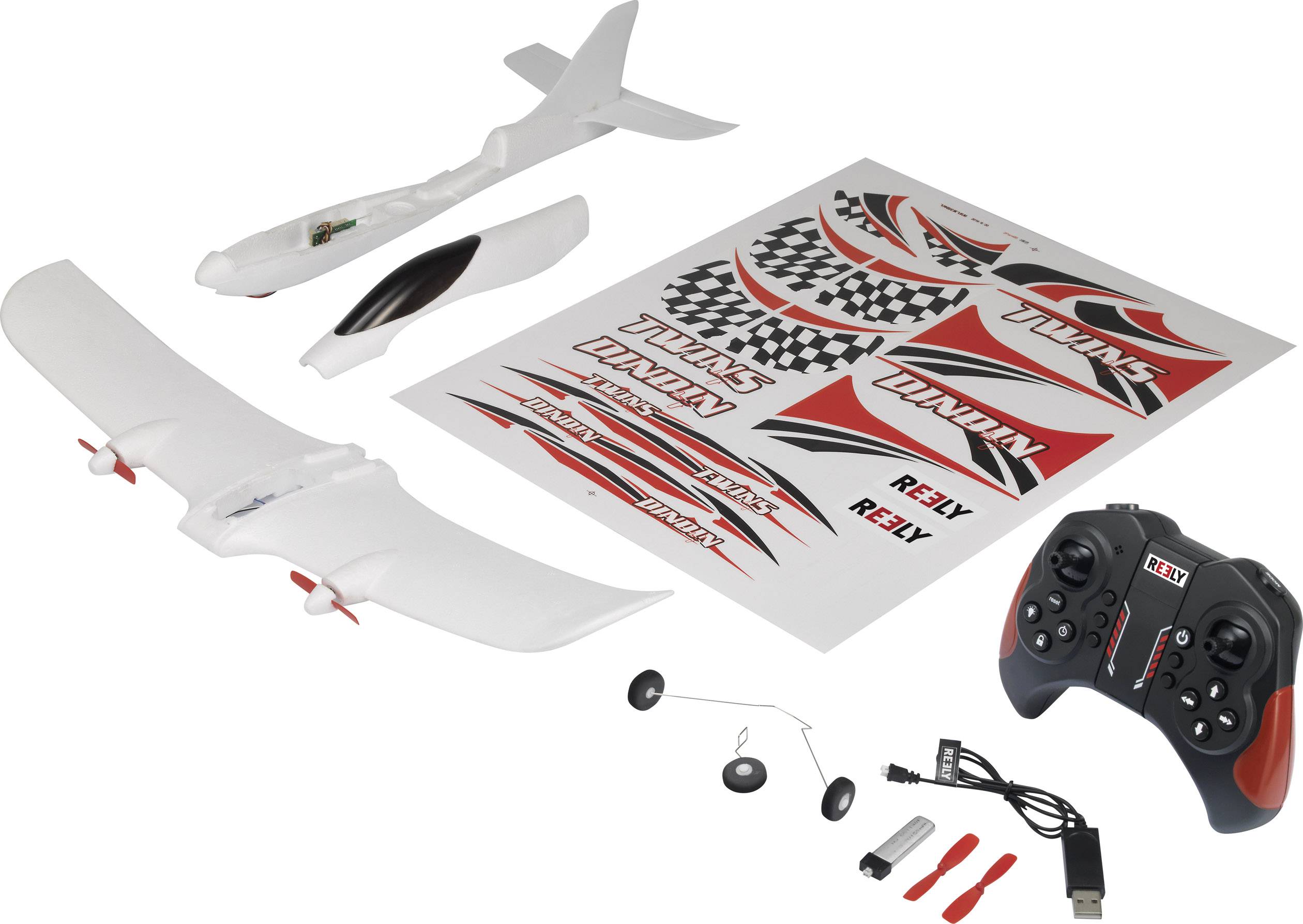 Kit de modélisme d'avion comprenant des ailes, un fuselage, des roues, une télécommande et des autocollants.