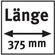 'Longueur 375 mm' est écrit en lettres blanches sur un fond noir. Une double flèche indique la longueur.