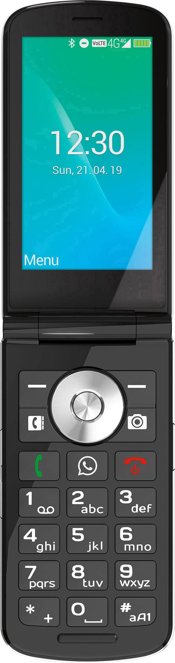 Téléphone portable à clapet avec écran affichant l'heure '12:30' et la date 'Dim, 21.04.19'. Touches de réception et de fin d'appel visibles.