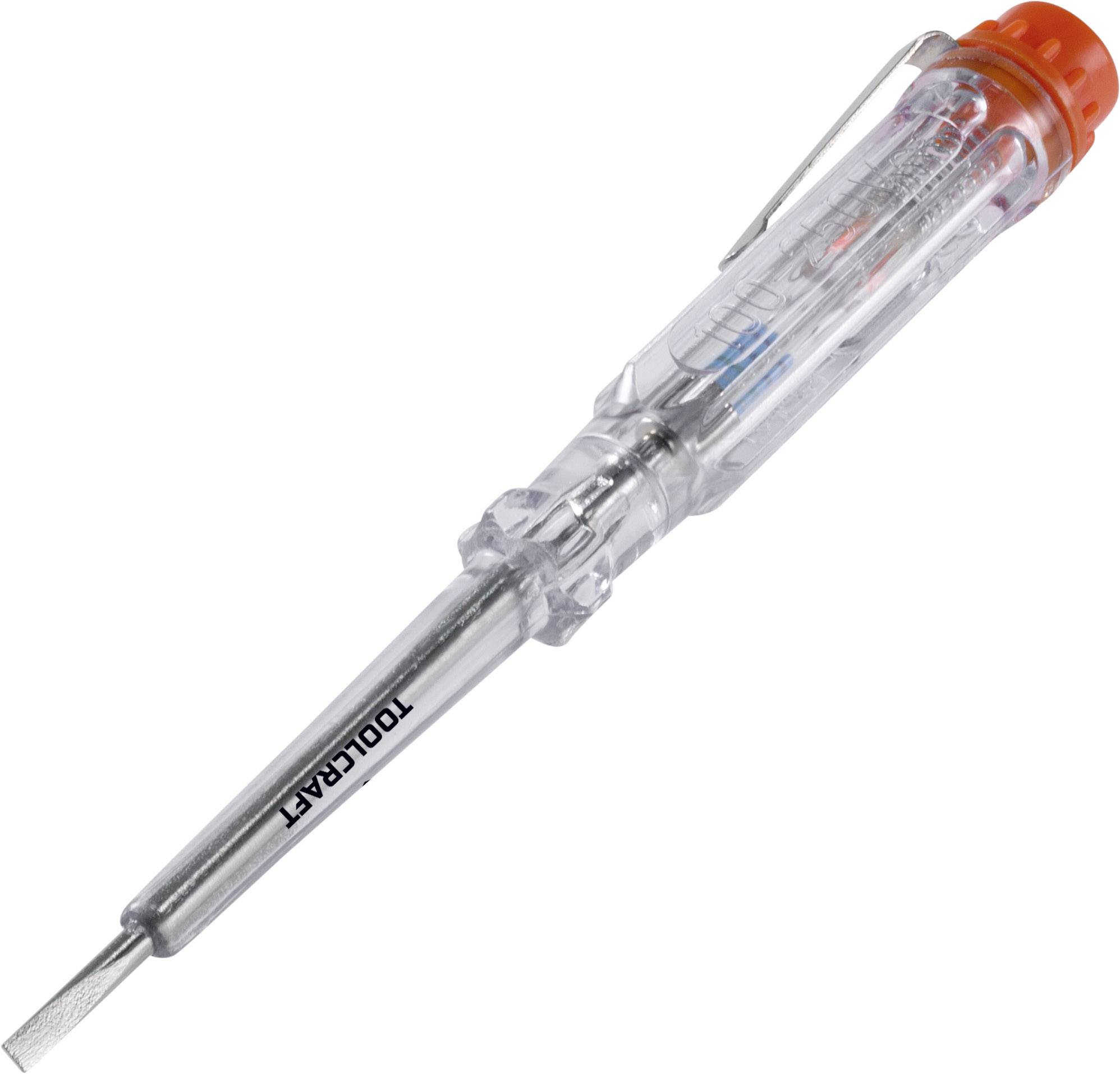 Un tournevis testeur de phase à manche transparent et pointe rouge. Adapté pour vérifier les tensions électriques.