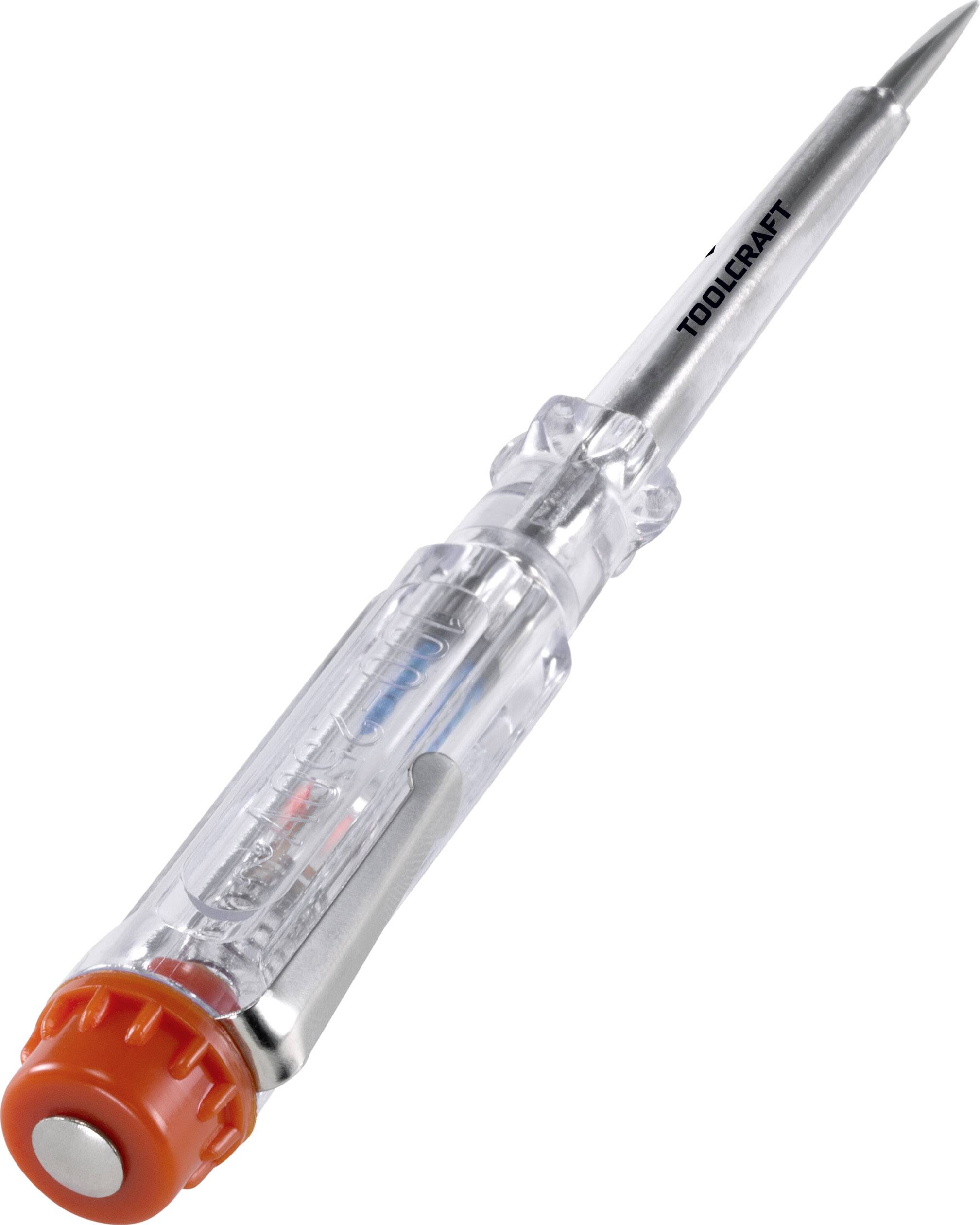 Tournevis testeur à boîtier transparent et capuchon de protection rouge, adapté pour le test de tension dans les applications électriques.