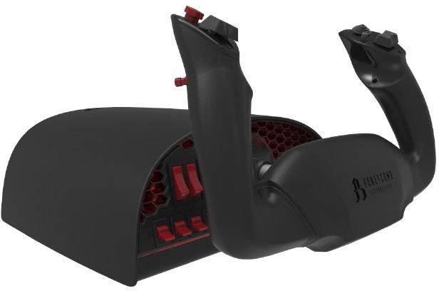 Manette de commande noir et rouge, semblable à un dispositif de contrôle d'avion, équipée de plusieurs boutons et leviers destinés à des fonctions de pilotage.