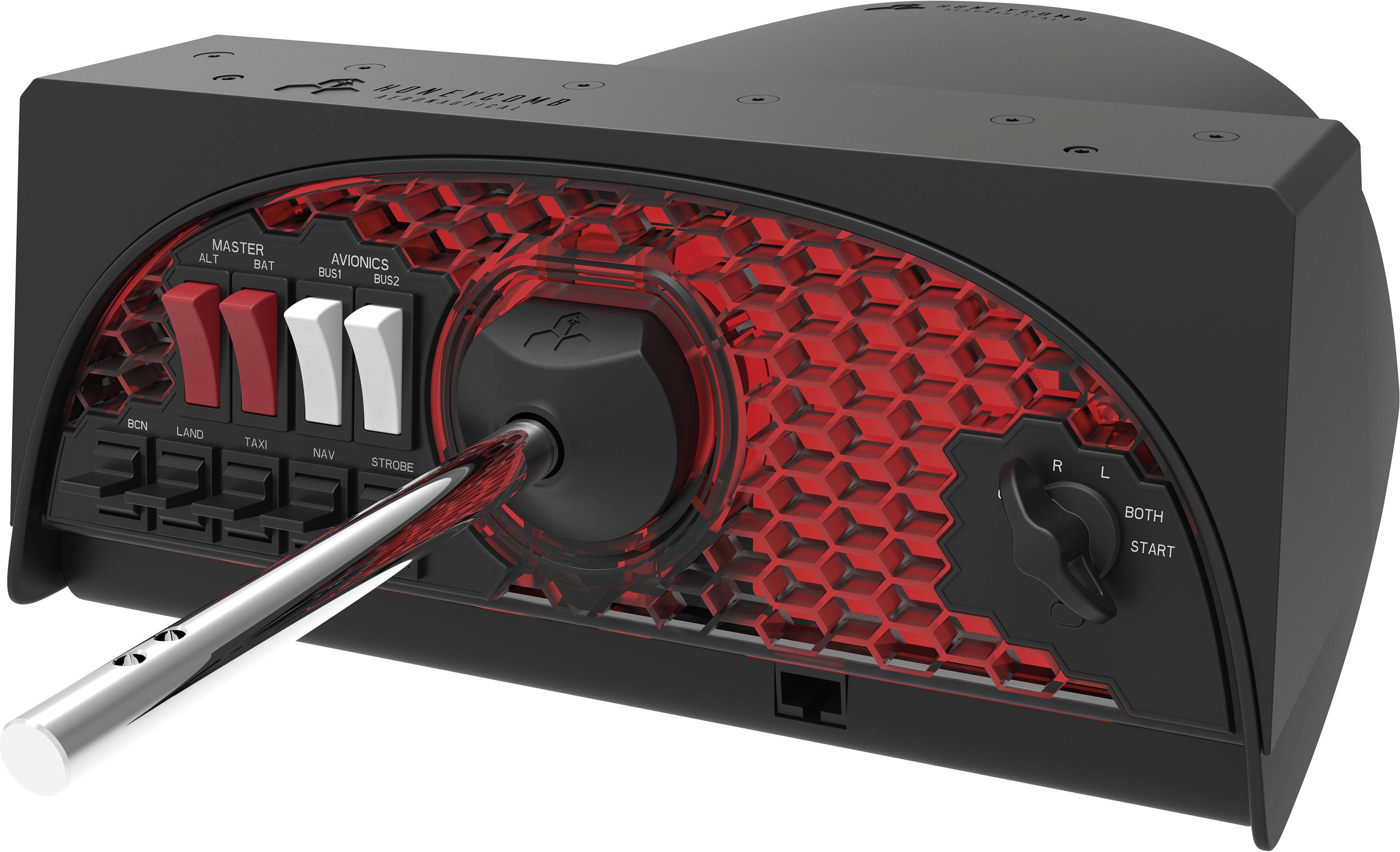 Un panneau de commande noir rétroéclairé avec des interrupteurs à bascule et un grand levier, entouré d'un design en maille illuminé en rouge.