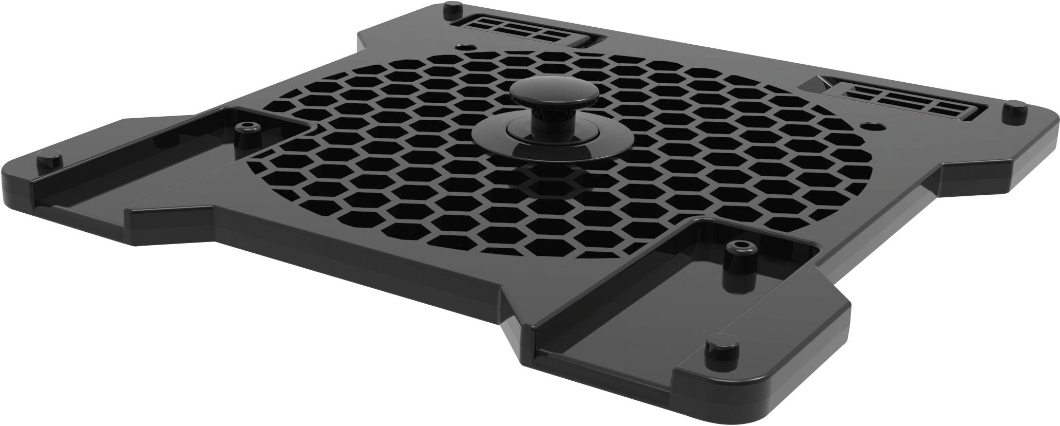 Une grille de ventilation hexagonale noire en plastique, probablement destinée à être utilisée dans des appareils électroniques ou des systèmes de refroidissement.