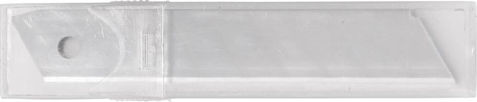 Un ensemble de lames de rechange en argent dans un étui en plastique transparent, adapté aux cutters, sur fond blanc.
