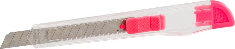 Un cutter rose à lame rétractable et manche transparent, adapté pour couper précisément le papier et les matériaux fins.