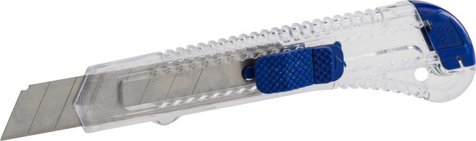 Un cutter avec un boîtier en plastique transparent et une poignée bleue, montrant la lame métallique sortie.