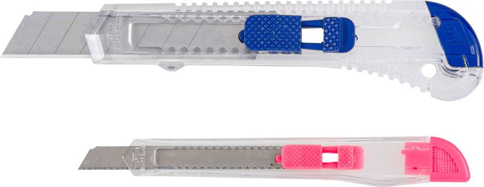 Deux cutters en plastique : l'un avec une poignée coulissante bleue en haut, l'autre avec une poignée coulissante rose en bas ; les deux présentant des lames déployées.