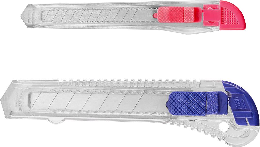 Deux cutters transparents, l'un avec un curseur rouge en haut, l'autre avec un curseur bleu en bas, sur un fond blanc.