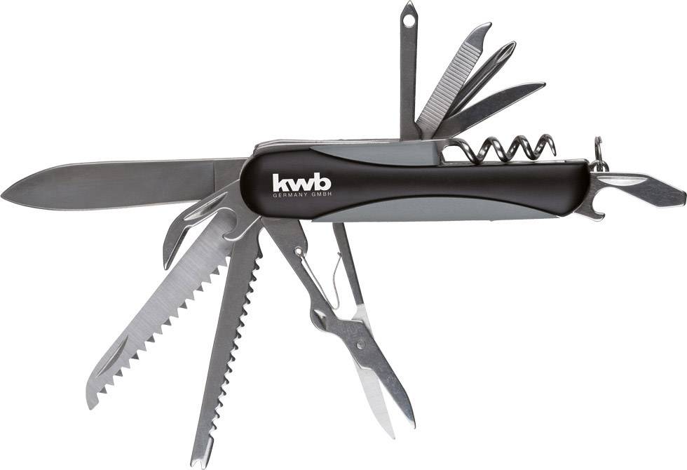 Un couteau multifonction avec manche noir et outils dépliables tels que lame, scie, ciseaux et tire-bouchon.
