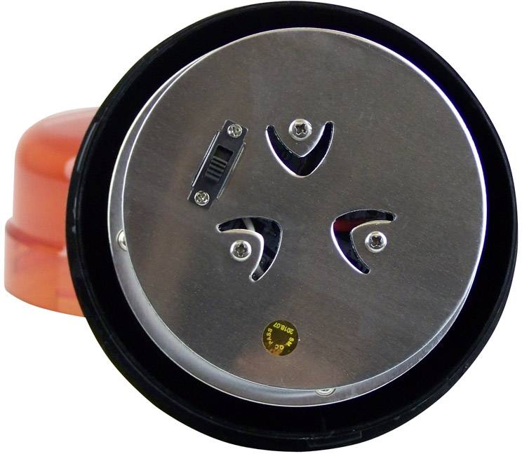 Socle lumineux d'avertissement rond avec trois fentes et un interrupteur, entouré d'un boîtier rouge.