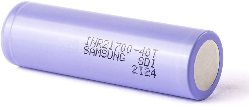 Batterie cylindrique violette de lithium-ion avec l'inscription 'INR21700-40T SAMSUNG SDI 2T24'.