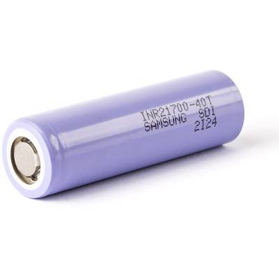 Pile cylindrique lilas, inscription « INR21700-40T Samsung SDI 2124 ».