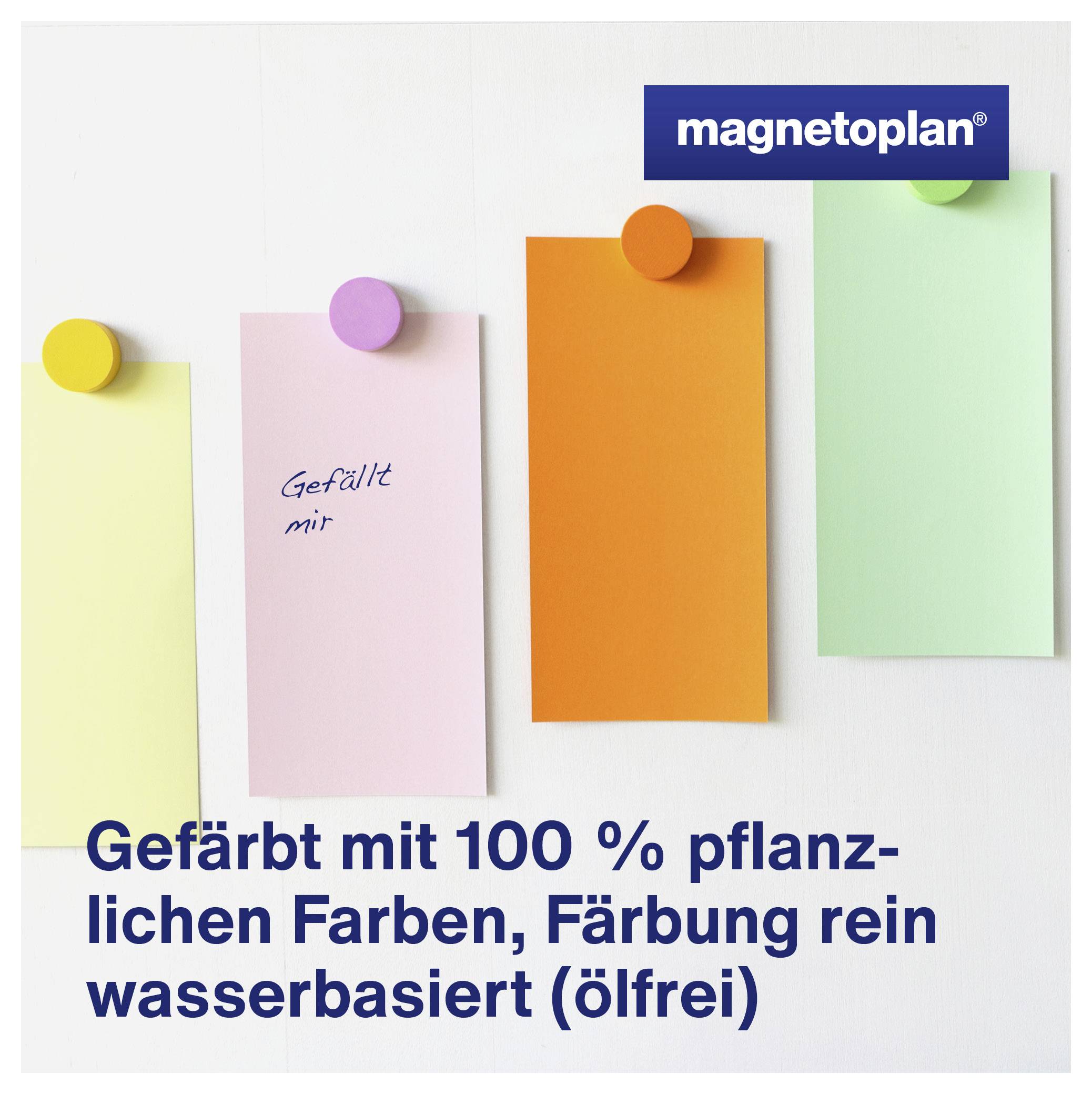 Graphique publicitaire avec quatre petits blocs-notes colorés aimantés ; Texte : « Teinté avec 100 % de colorants végétaux, teinture à base d'eau pure (sans huile) » et « magnetoplan ».