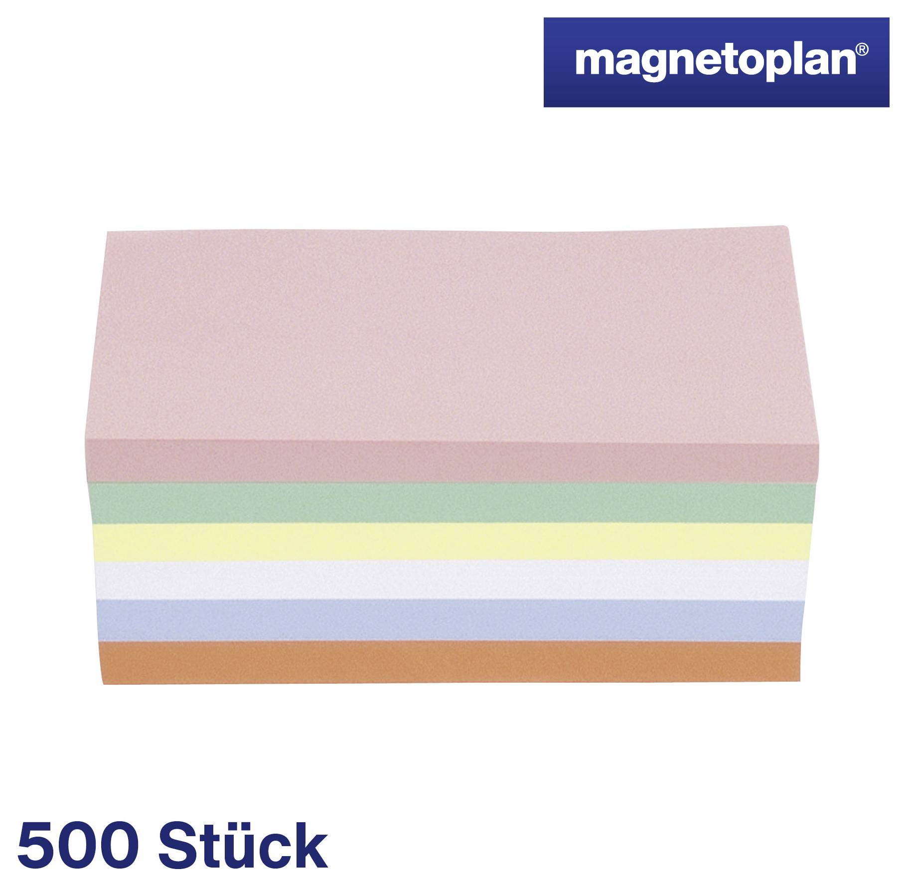 Bloc de notes adhésives colorées de magnetoplan avec 500 pièces, feuilles rayées de couleurs pastel sur fond blanc.