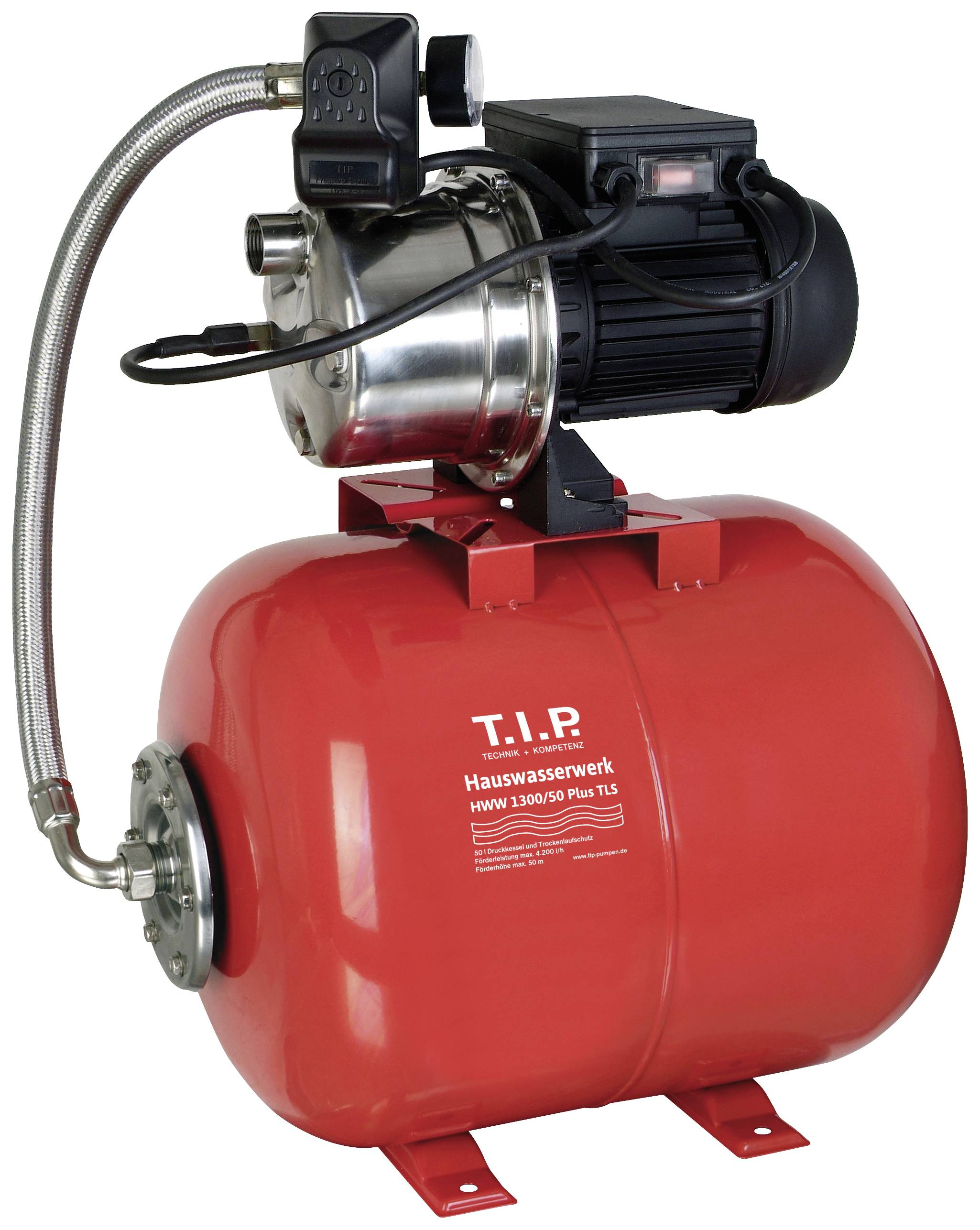 Pompe de système d'eau domestique rouge avec un appareil électrique noir en haut, un tuyau métallique argenté sur le côté gauche. Texte : 'T.I.P. Système d'eau domestique'.