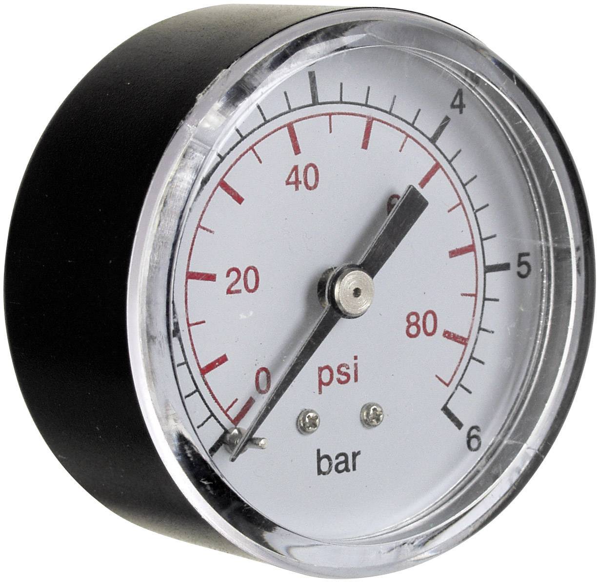 Un manomètre rond avec des échelles en psi et en bar. L'aiguille indique légèrement au-dessus de 20 psi et 1,5 bar. Le boîtier est noir.