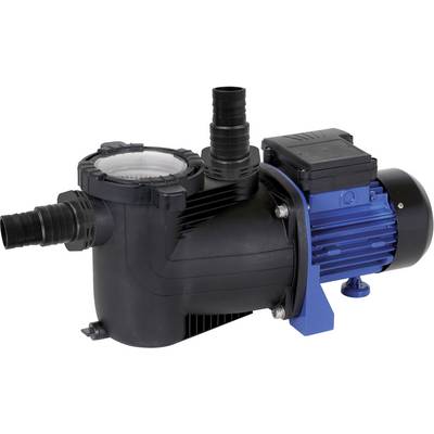 Pompe à eau avec boîtier noir et moteur électrique bleu. Utilisée pour la circulation d'eau de piscine ou d'étang.