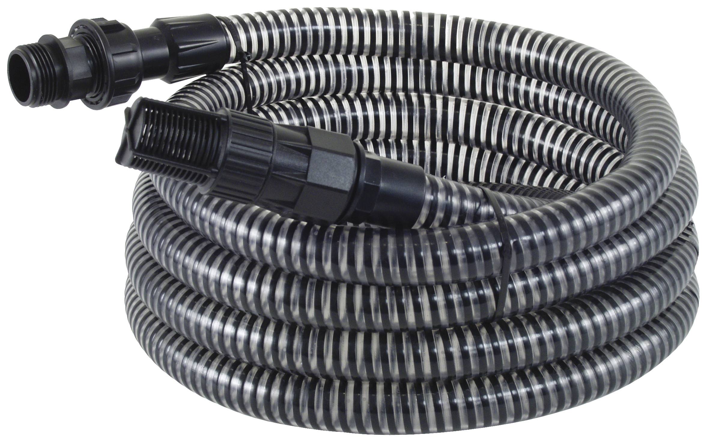 Tuyau spiralé noir à bandes transparentes, enroulé, avec des embouts noirs aux deux extrémités.