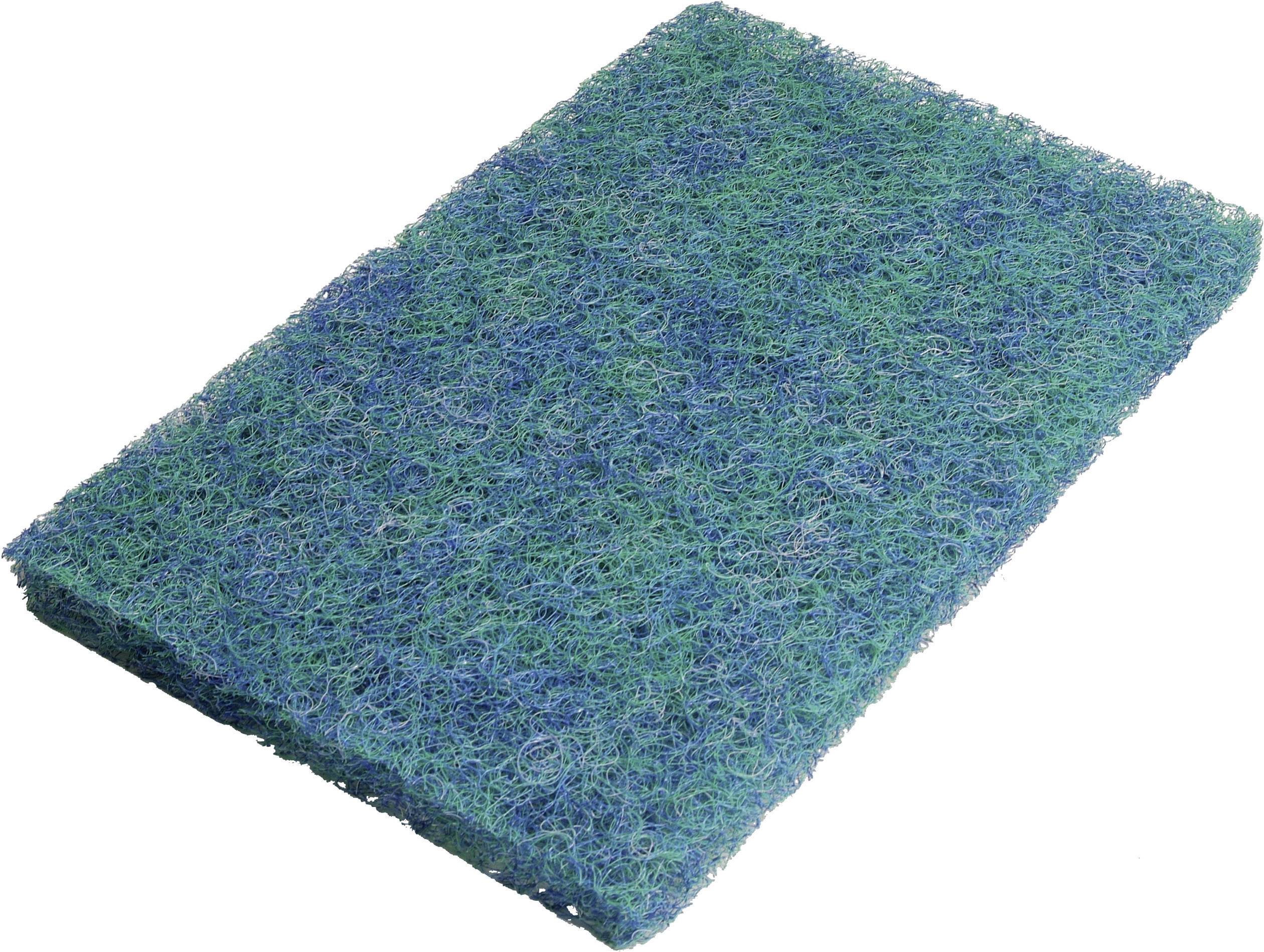 Éponge de nettoyage bleue rectangulaire à structure grossière, adaptée pour récurer les surfaces.