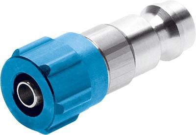 Une valve métallique avec un bouton de réglage bleu strié, adaptée aux systèmes à air comprimé.