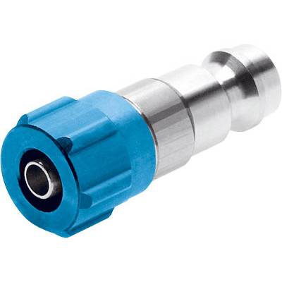 Un connecteur pneumatique métallique avec un boîtier bleu, utilisé pour raccorder des tuyaux dans les systèmes à air comprimé.