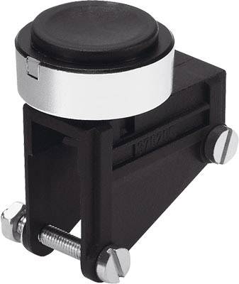 Arrêt de porte noir avec mécanisme de pression rond argenté, fixable par vis. Adapté pour maintenir les portes ouvertes.