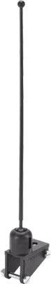 Antenne télescopique noire, orientation verticale, montée sur un socle ; adaptée aux radios ou autres appareils de communication radio.