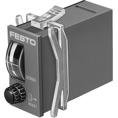 Un minuteur électronique noir de Festo avec un cadran et un bouton rotatif pour le réglage ; portant l'inscription « Festo Seconds Reset ».