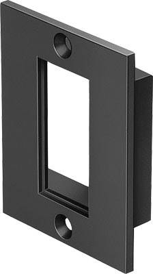 Plaque métallique noire rectangulaire avec une encoche rectangulaire et deux trous de vis, probablement adaptée pour le montage d'une porte.