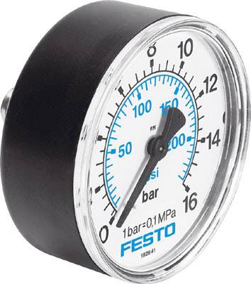 Un manomètre indique une valeur de 8 bar. L'anneau d'échelle extérieur est marqué en 'psi', l'anneau intérieur en 'bar'.