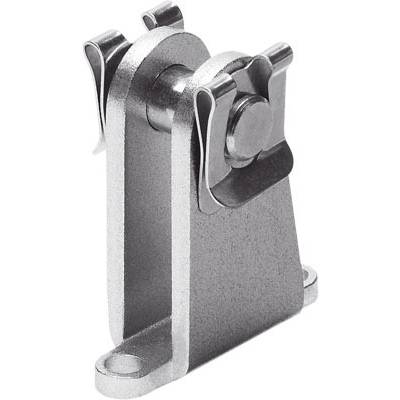 Une charnière robuste en métal avec deux clips pivotants, utilisée pour des mécanismes de fixation sur des machines ou des meubles.