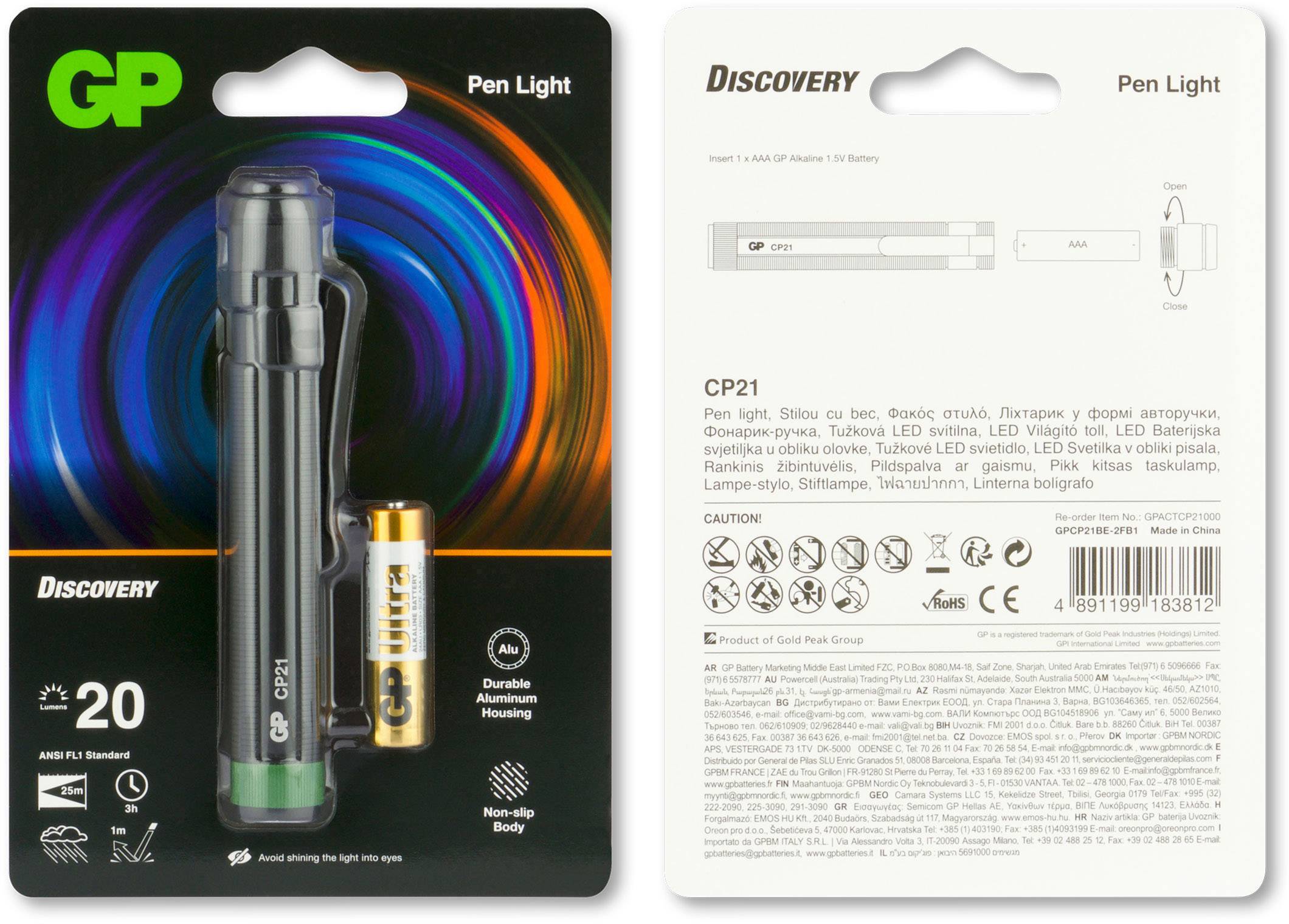 Lampe stylo de découverte GP CP21, comprenant une lampe de poche et une pile, avec des détails sur les matériaux et les caractéristiques techniques indiqués sur l'emballage.