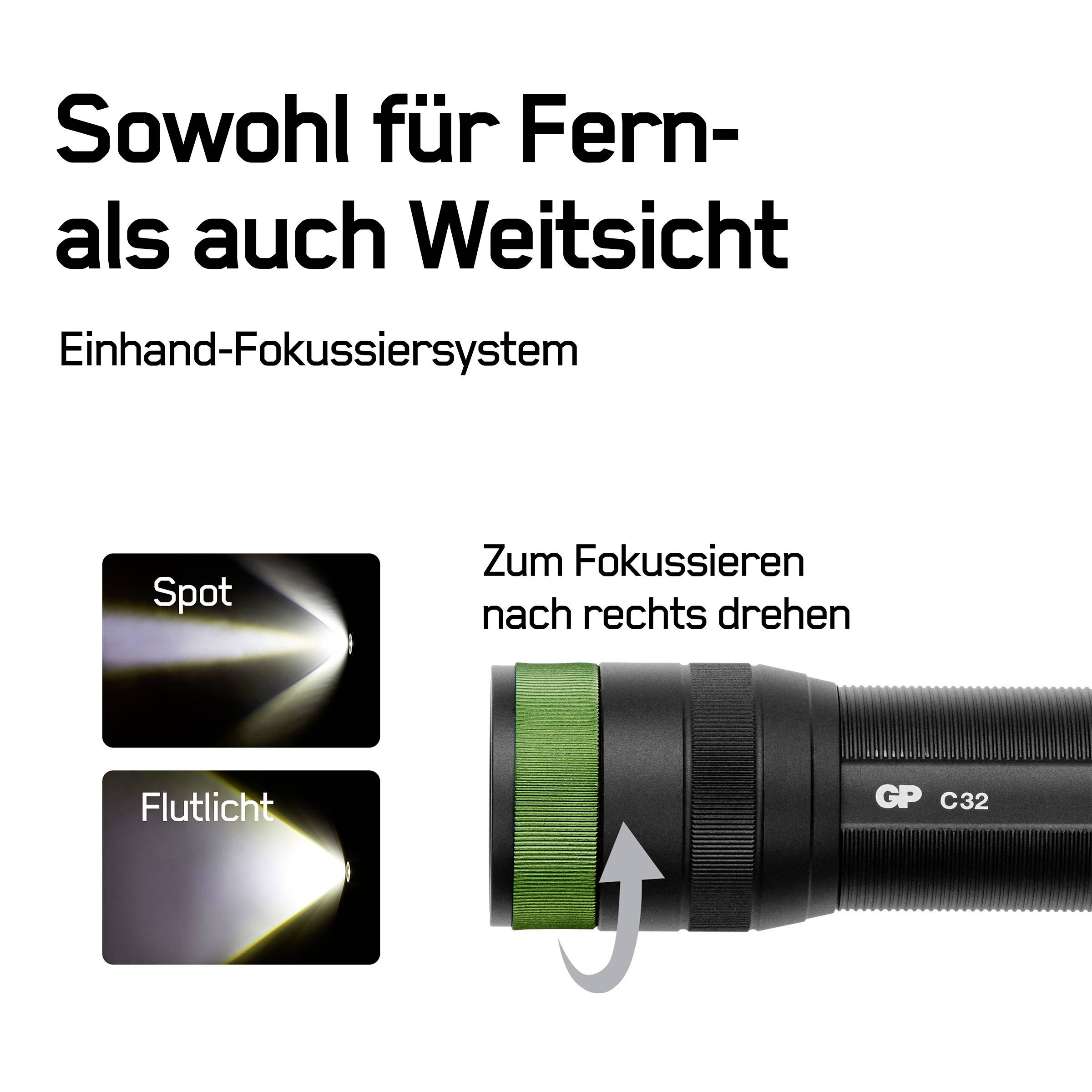 Lampe de poche GP C32 avec système de mise au point à une main. Mise au point rotative à droite. Offre des options d'éclairage concentré et diffus.