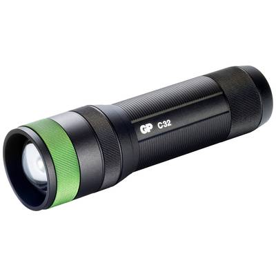 Lampe de poche noire avec anneau vert et inscription 'GP C32' sur le côté, présentant un design moderne et compact.