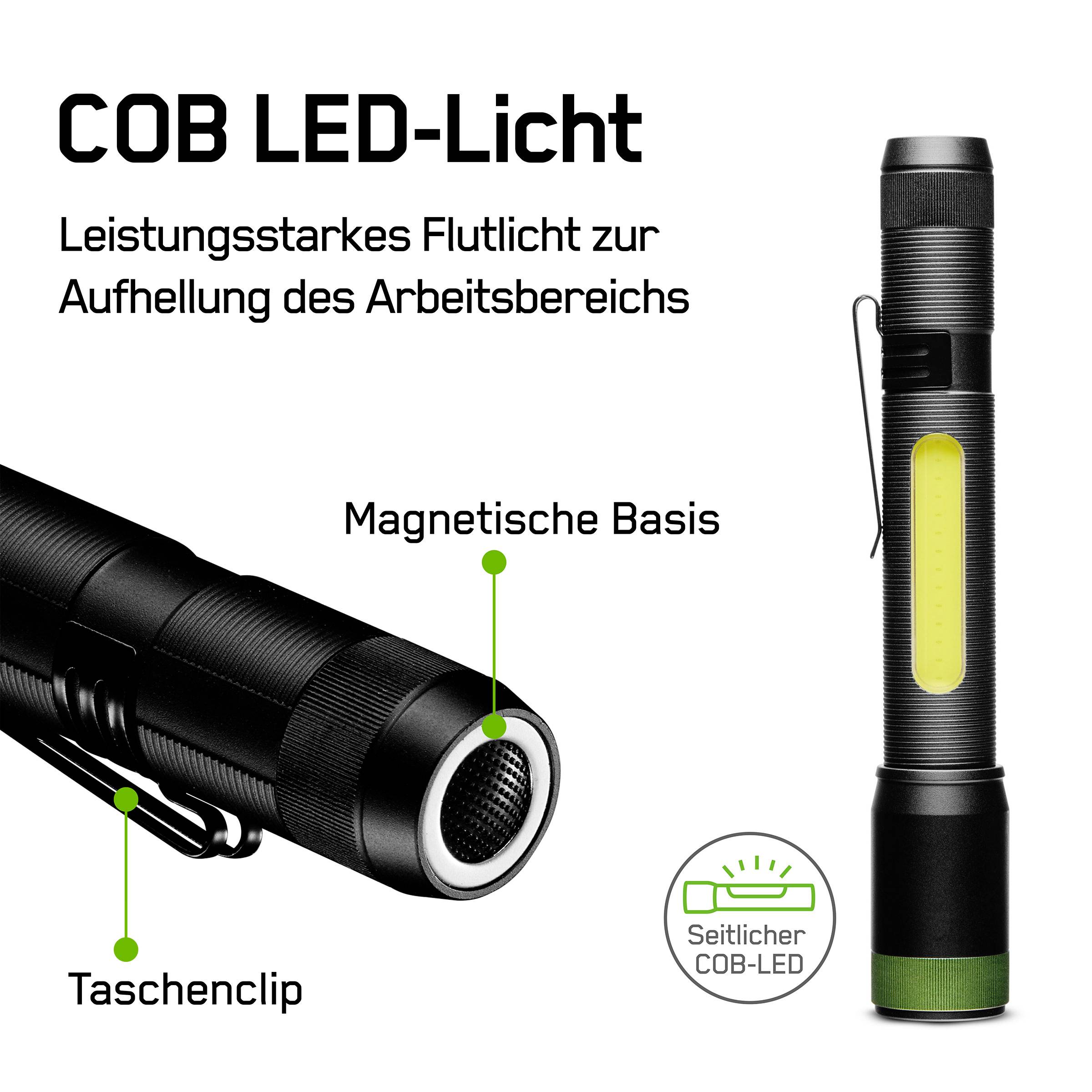 L'image présente une lampe de poche à LED COB avec base magnétique et clip de poche, adaptée pour éclairer la zone de travail.