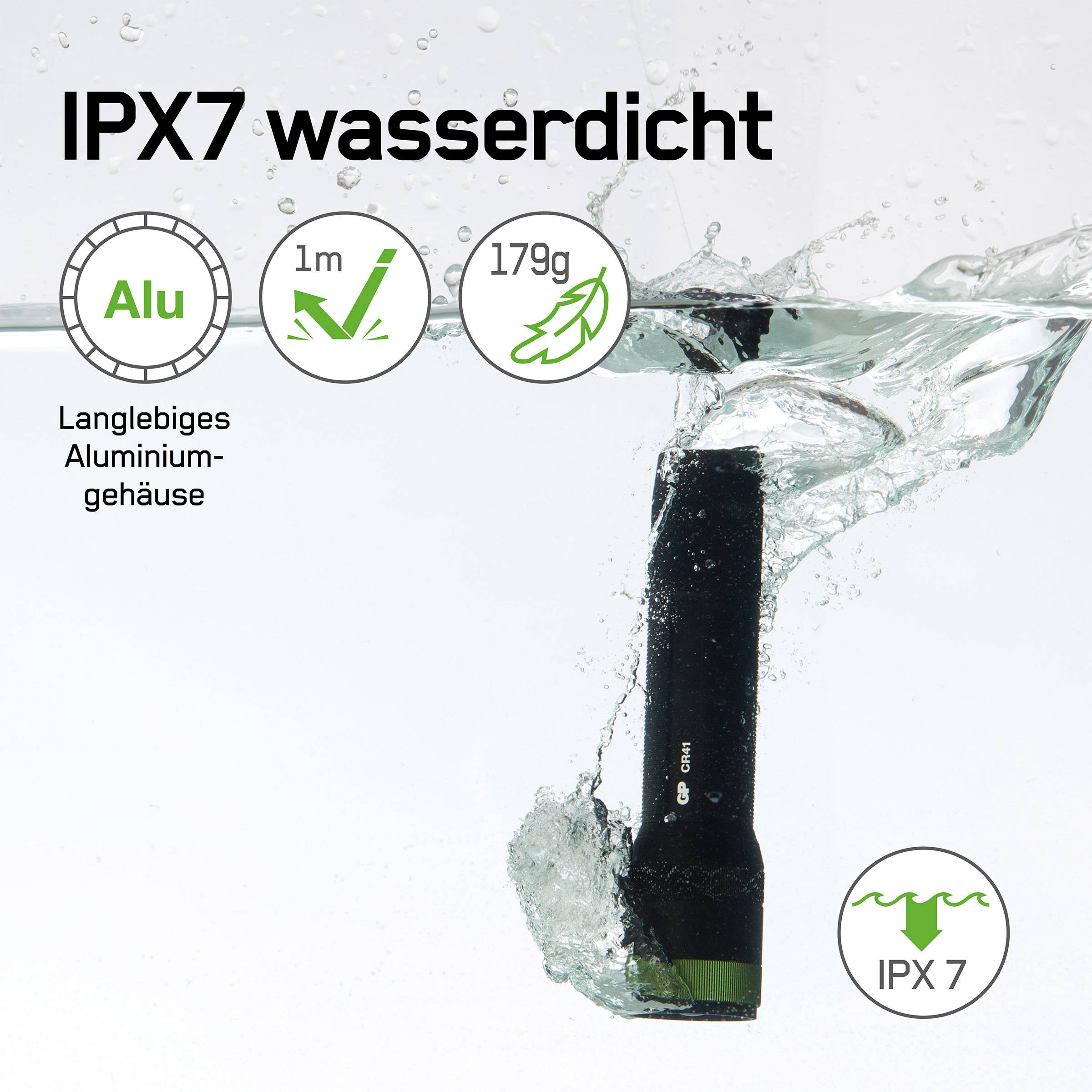 L'illustration montre une lampe de poche étanche immergée sous l'eau. Texte 'IPX7 étanche', '1m', '179g', 'Alu', 'Boîtier en aluminium durable'.