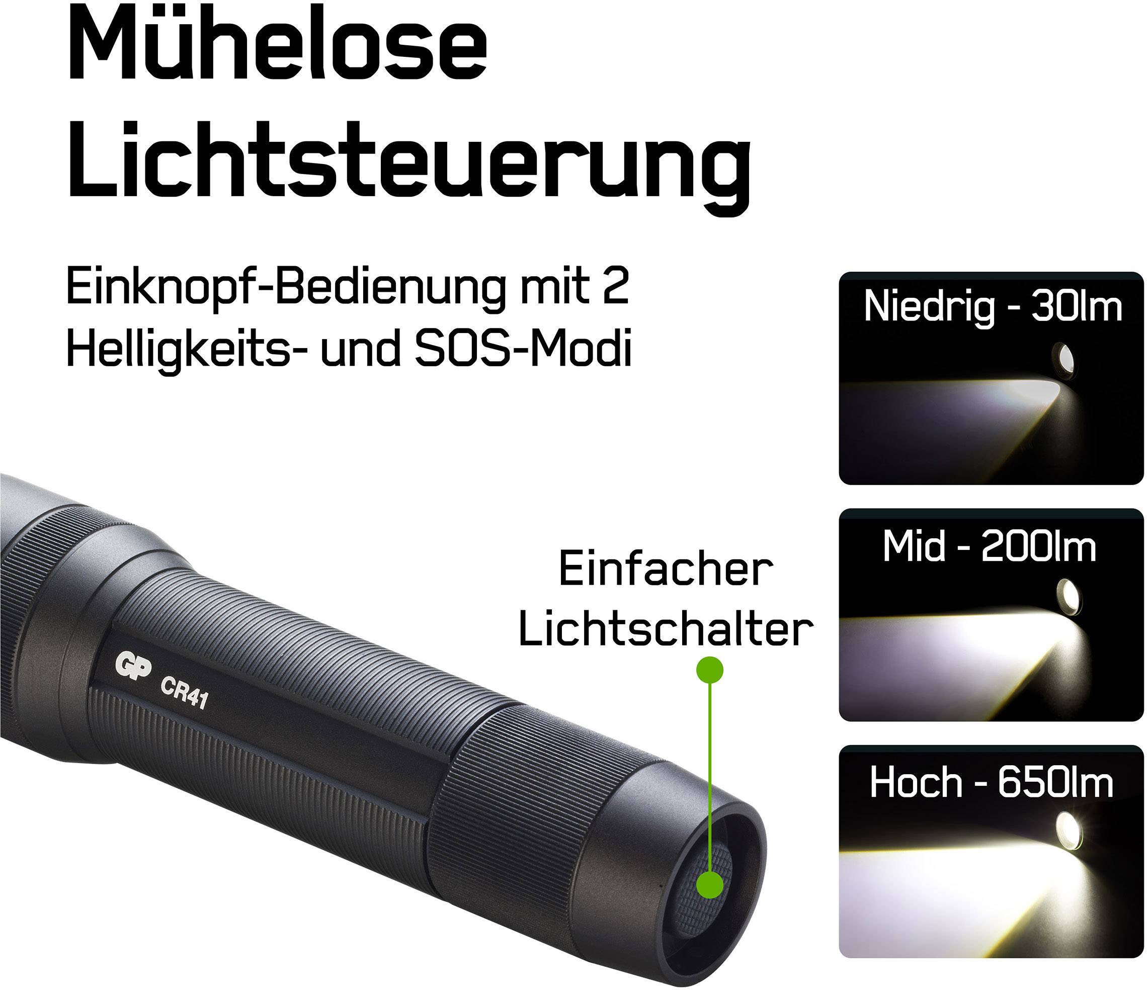 Lampe de poche avec commande d'éclairage simple. Utilisation à un bouton avec deux modes de luminosité et un mode SOS. Portée : faible 30m, moyenne 200m, haute 650m.