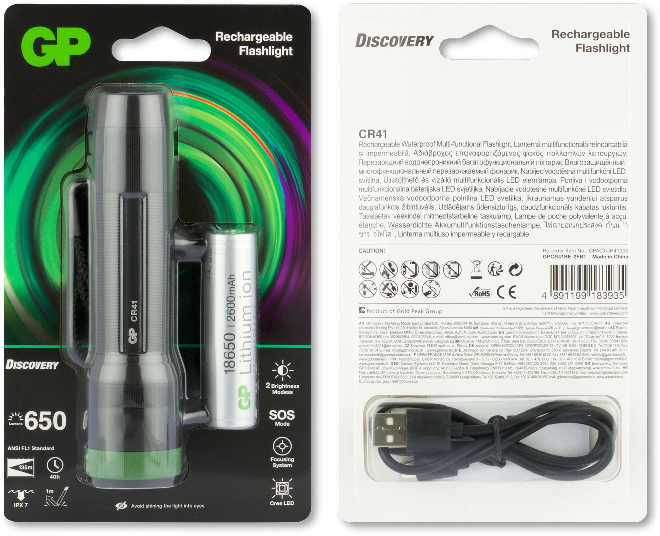 Lampe de poche GP Discovery CR41 dans son emballage. Contient la lampe de poche, un câble USB et une batterie. Détails techniques et spécifications au verso.