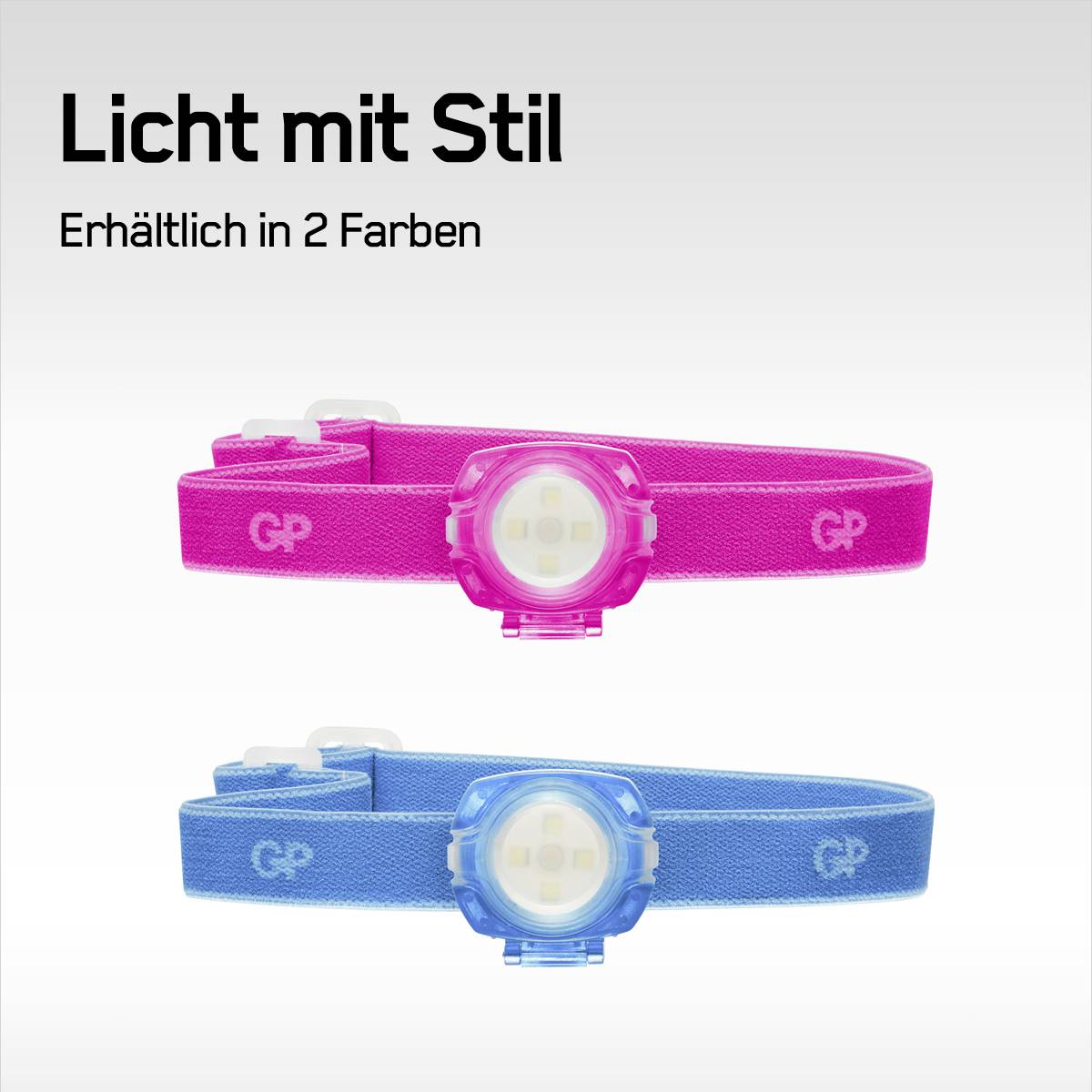 'Deux lampes frontales LED, une rose, une bleue, avec l'inscription : Lumière avec style. Disponibles en 2 couleurs.'