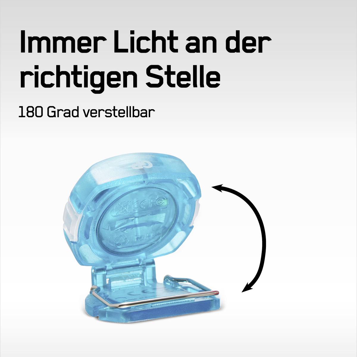 Un dispositif lumineux bleu et réglable, pivotant à 180 degrés. Texte en haut : 'Toujours de la lumière au bon endroit'.