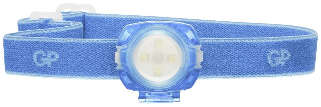Lampe frontale bleue avec lumière blanche et bracelet en TPU, adaptée aux activités de plein air.