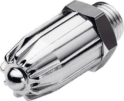 Un élément de buse en argent, métallique et fileté, utilisé pour pulvériser un liquide de manière contrôlée.