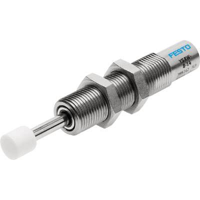 Un amortisseur de Festo, modèle YSRW-B-8-1, en acier inoxydable, avec un embout en plastique blanc.