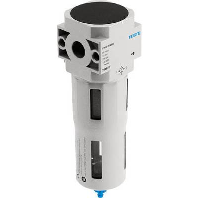 Filtre à air comprimé de Festo, orientation verticale, cylindrique avec ouvertures latérales.