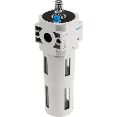 Unité de traitement d'air avec boîtier transparent pour filtration d'air comprimé, avec un bouton rotatif bleu en haut, marque 'Festo'.