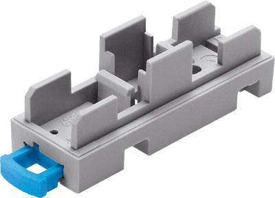Pièce en plastique grise avec plusieurs découpes et une poignée bleue à l'extrémité. Support ou insert possible pour applications techniques.
