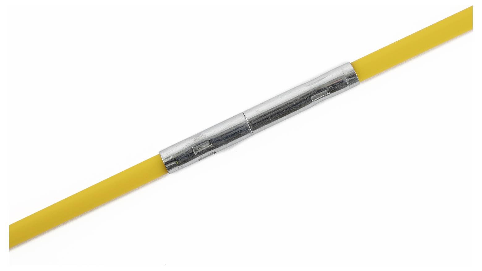 Câble jaune avec connecteur argenté au milieu ; utilisé pour les connexions électriques.