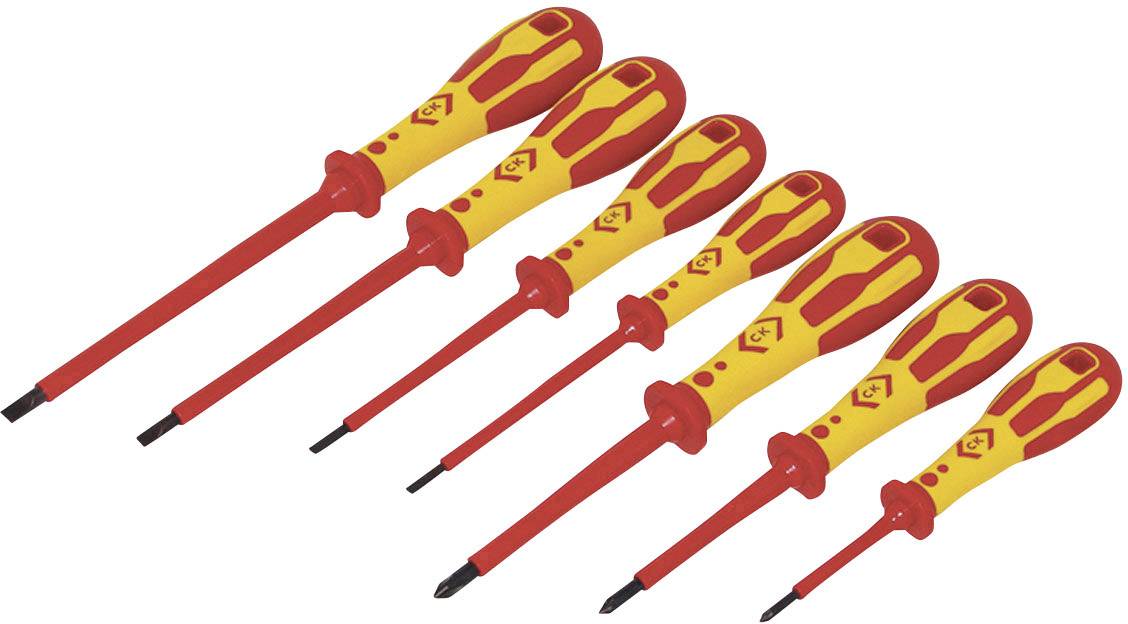 Un ensemble de tournevis isolés de différentes tailles, adaptés aux travaux sur installations électriques, avec des poignées rouge et jaune.